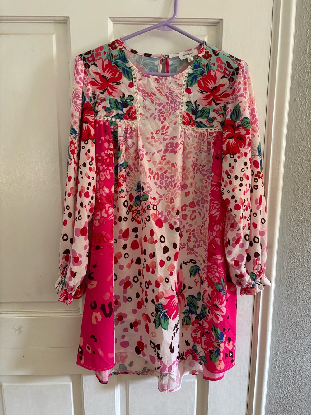 UMGEE Pink Floral Lace Shift Dress M Long Sleeve Round Neck Back Zip Short